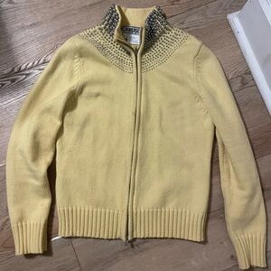 Carlisle Vintage Knit Mock neck zip Up cardigan butter yellow + silver beads L